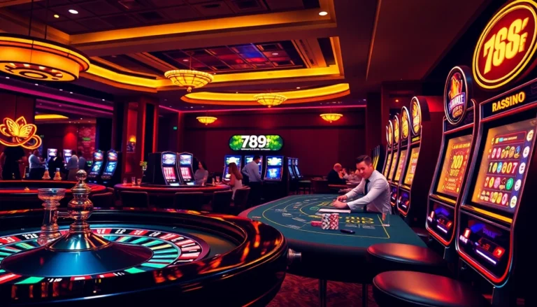 Players engage in exciting games including roulette and blackjack at the vibrant 789f casino floor.