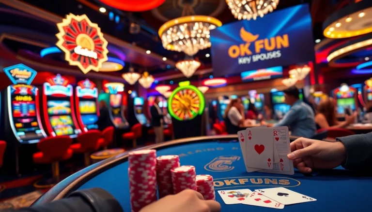 Experience thrilling moments of winning at the okfun casino, featuring a roulette wheel and vibrant slot machines.