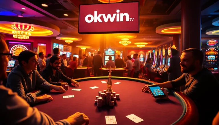 Players engaged in an intense poker game at a casino while enjoying live streams on okwin tv.