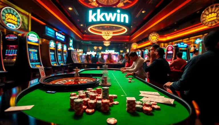 Kkwin sign glows above a lively casino filled with roulette tables, slot machines, and excited players.